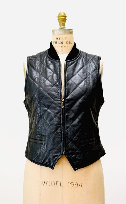 90s Vintage Black Leather Vest Black Quilted Leather Biker Vest Tank Top// 90s Biker Babe Fall Vintage Black Leather Vest Size Medium