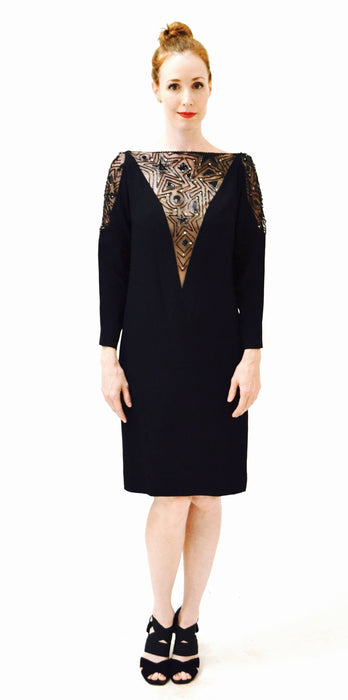 70s Vintage BOB MACKIE Dress Black Sequin Beaded Stars// Vintage Black Illusion Dress// Metallic Celestial Sequin Dress Medium Stars