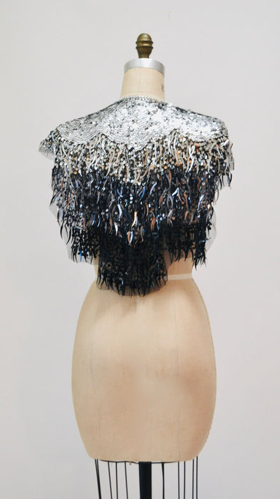 Vintage Silver Black Beaded Fringe Shawl Wrap Burlesque Wedding Flapper Silver Wedding Metallic Beaded Vintage Fringe Colla Shawl Sharmark