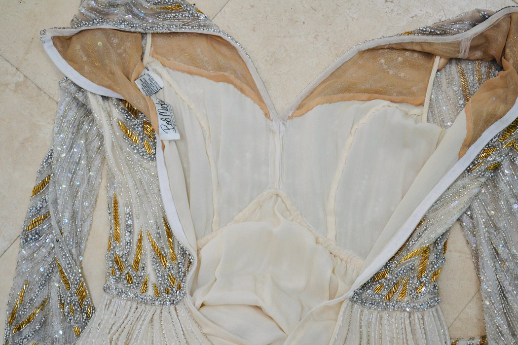80s 90s Vintage Silver Gold White Cream Beaded Gown Dress Small Medium Bob Mackie Silk// Vintage Wedding Gown Beaded Art Deco Gown Small