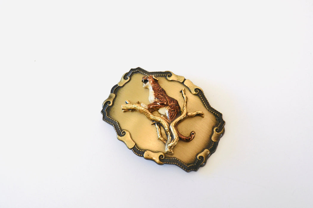 70s 80s Vintage Brass Cheetah Leopard Belt Buckle Metallic Big Cat Belt Buckle Large Cat Brass Gold Cheetah Belt Buckle by Raintree Buckle