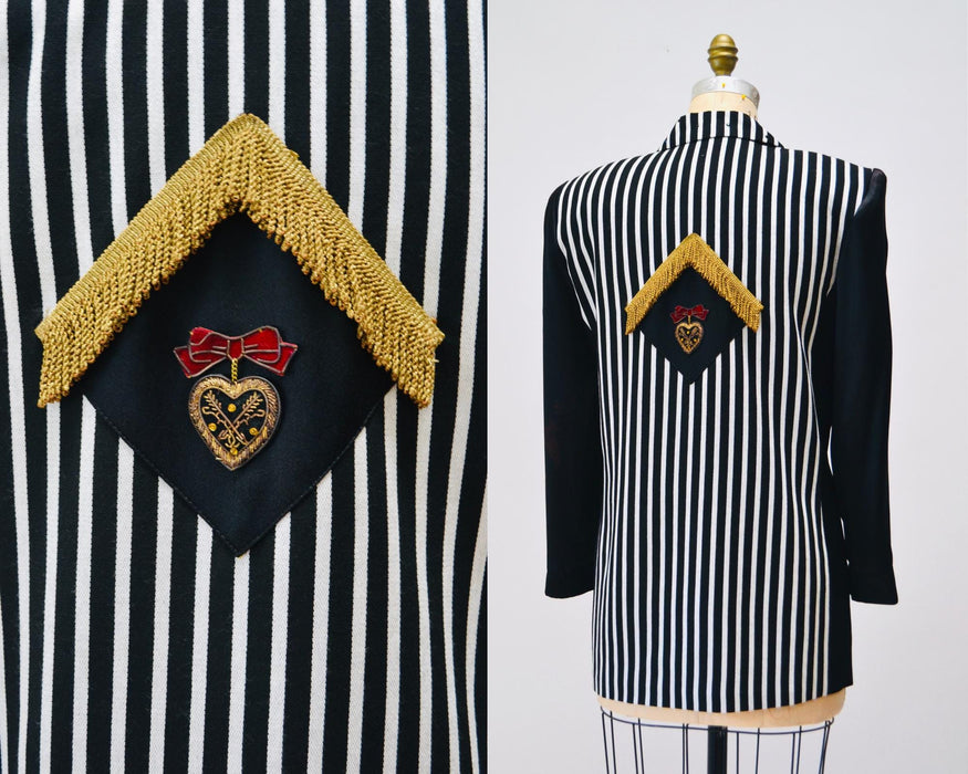 90s Vintage Black White Striped Party Jacket Blazer Medium by Criscione //  90s Black Satin Military Heart Rhinestone Party Jacket Blazer
