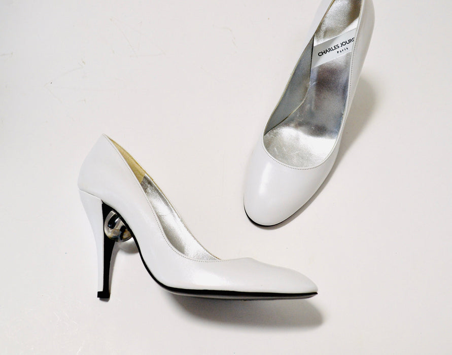 90s y2k Vintage Charles Jourdan White High Heel Shoes Pumps size 7 Made in France White Wedding High Heels Clear lucite Ball Leather Heels