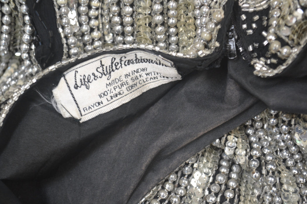 70s 80s GLAM Vintage Black Silver Beaded Sequin Evening Gown Small Medium // 80s 90s Pageant Drag Queen Black beaded Dress Gown Small Medium