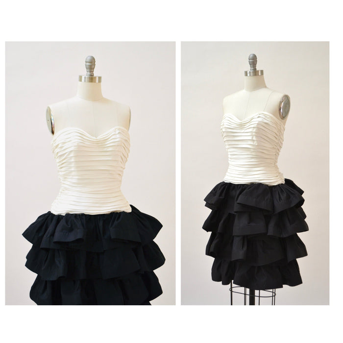 Vintage 90s Party Prom Dress XXS XS Small Black and White Strapless Ruffle Party Dress By Tadashi// 90s  Vintage Black Tie PageantDress