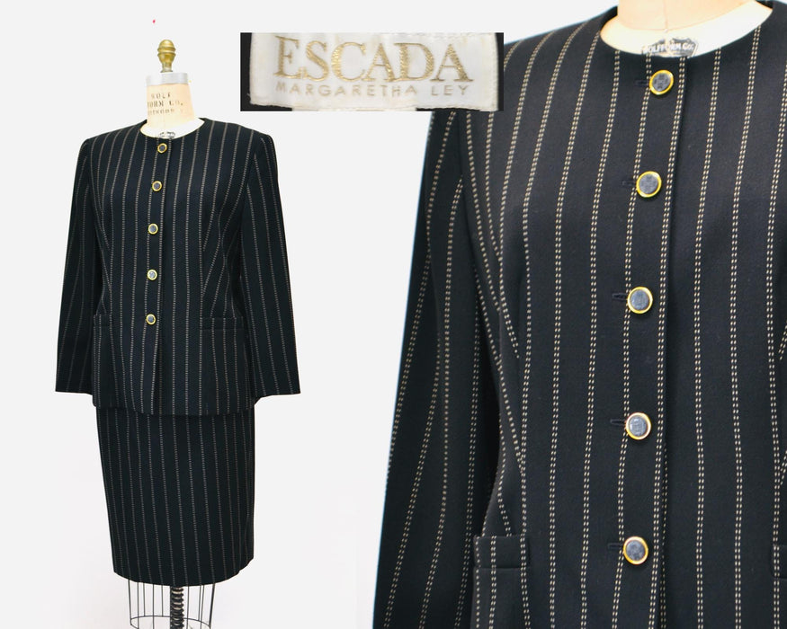 Vintage Escada Suit Pinstripe Wool Escada Suit Jacket Skirt Blazer Large Black white Striped Skirt Suit Black Stripe Jacket Medium Large