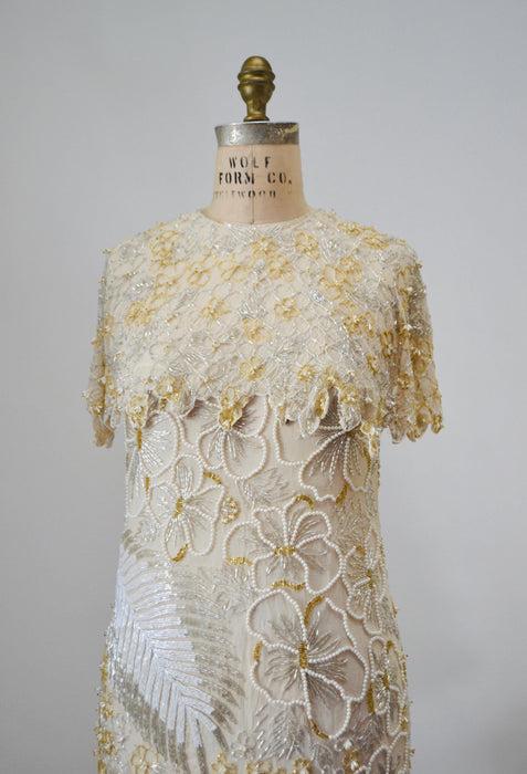 80s 90s Vintage White Beaded Party Dress Dress Small // Vintage Cocktail Wedding Dress White Beaded Flapper White Beaded Party Dress