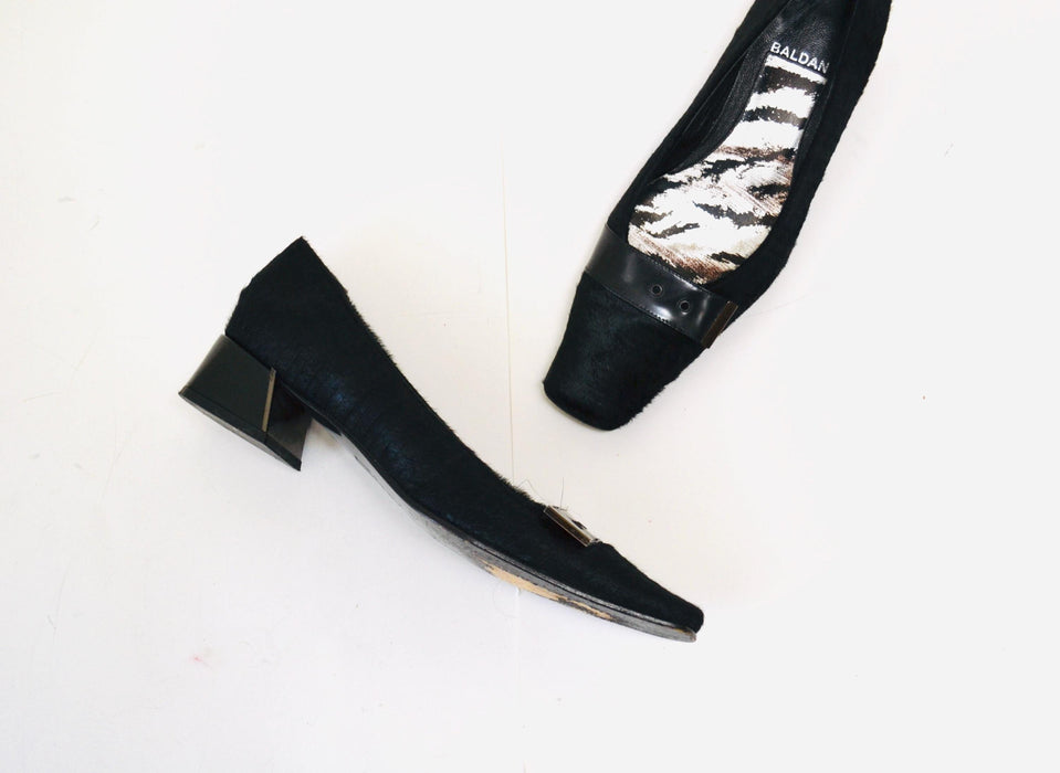 Vintage 90s Black Pony Hair Pumps Black High Heels Size 37 7 Square Toe Vintage Black Low Heel Fur Pony Hair Heels Loafers Shoes Baldan