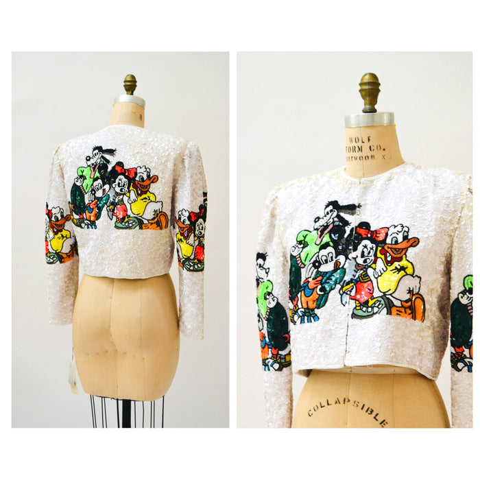Vintage Jeanette Kastenberg Platinum Beaded Jacket Disney Mickey Minnie Mouse Donald Duck Beaded Bolero Jacket Comic Cartoon Medium Large