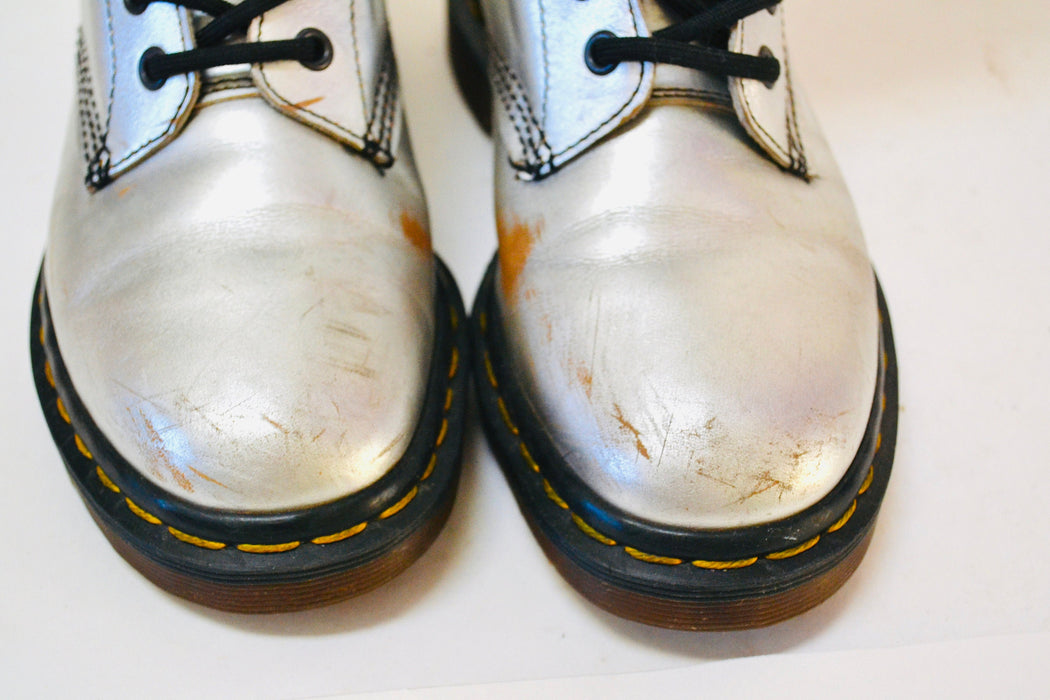 90s Dr. Martens Boots Women Size 6 Metallic Silver Boots Lace up knee high Boots// Vintage Doc Marten Silver Boots Size 5 UK Made in England