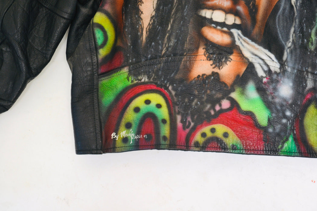 90s Vintage Black Leather Jacket with Bob Marley //Vintage Leather Jacket LA Roxx Bob Marley Reggae Music Air Brushed Painted Leather Jacket
