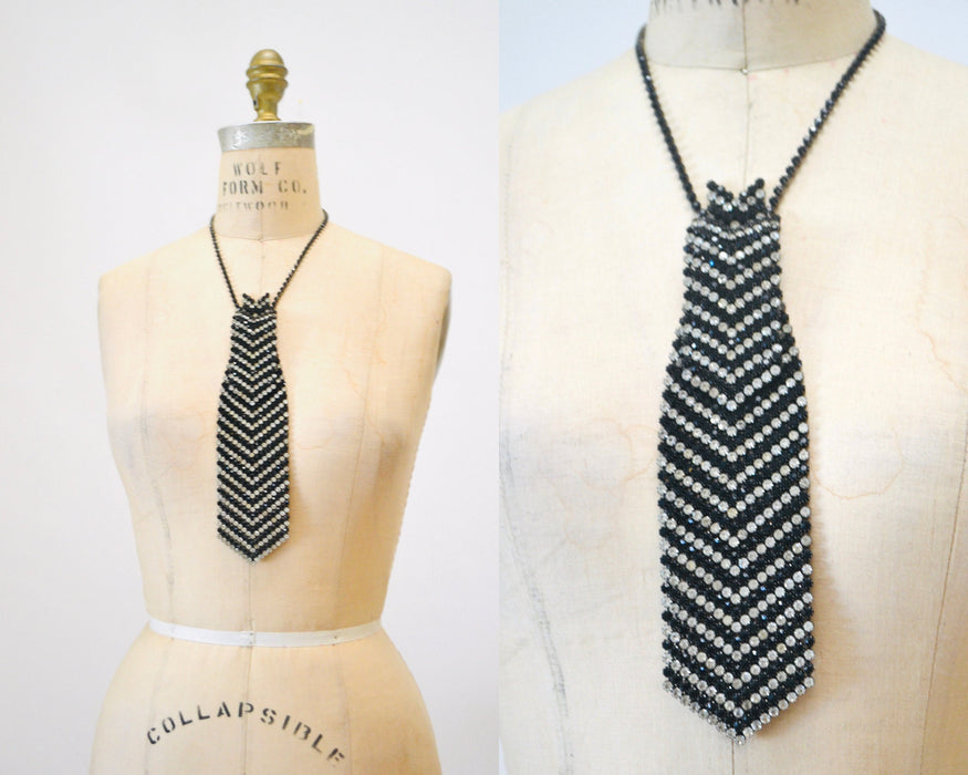 Incredible Vintage Rhinestone Neck Tie Rhinestone Crystal Tie Necklace Wedding Rhinestone Tie Gay Glam Wedding Tie Silver Black Kramer