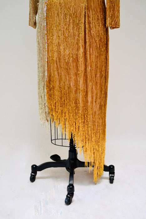 80s Vintage Gold Sequin Bob Mackie Dress Black white Beaded Sequin Fringe Dress Medium I.MAGNIN Bob Mackie  Asymmetrical Fringe Dress