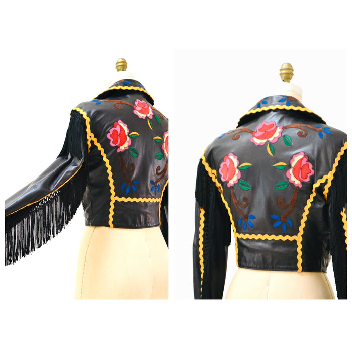 Vintage 90s Black Leather Jacket by Moschino Cheap & Chic with Fringe Red Roses Flowers Small Medium// Black Leather Biker Jacket Fringe