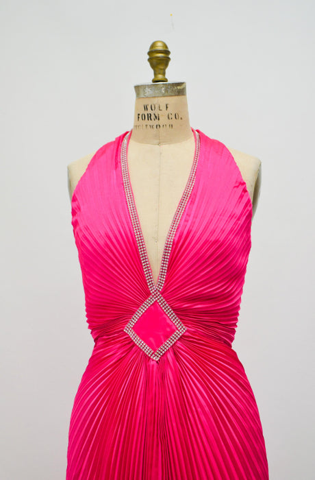 90s Vintage Pleated Halter Neck Gown Dress Pink Lillie Rubin Pleated halter dress Wedding Marilyn Monroe Barbie Dress Pink Magenta Dress