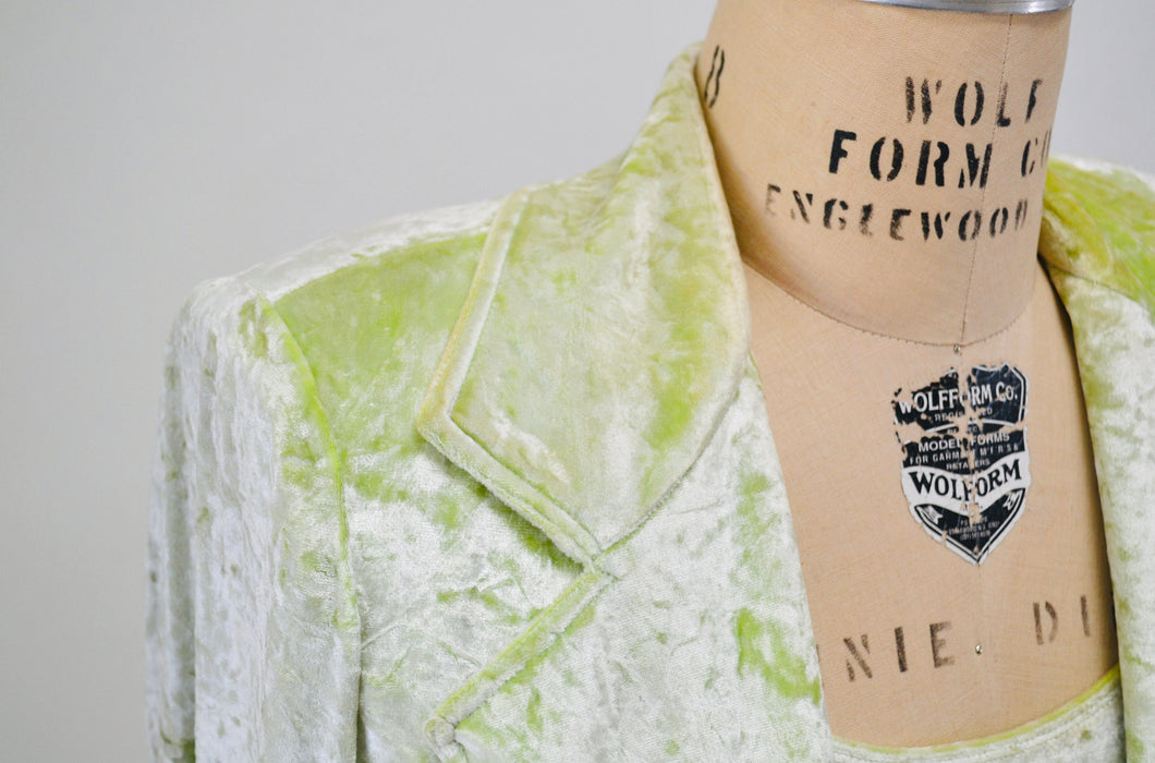 90s Vintage Lime Green Velvet Jacket Blazer Suit Green Crushed velvet Jacket XS Small Criscione // 90s Vintage velvet Wedding Party Jacket