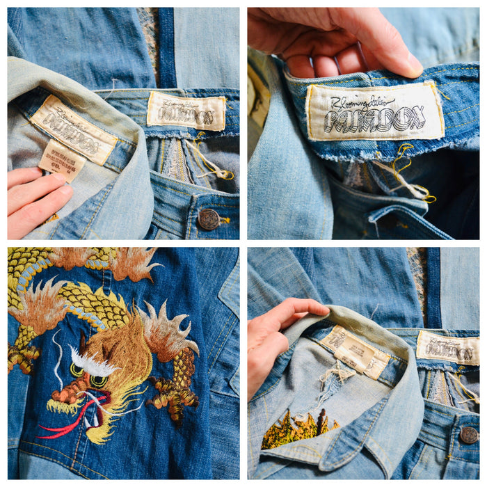 70s Authentic Vintage Patchwork Denim Shirt Bell Bottom Jeans Pants Embroidered Dragon Jeans Denim Shirt Set XS Small Paradox Bloomingdales