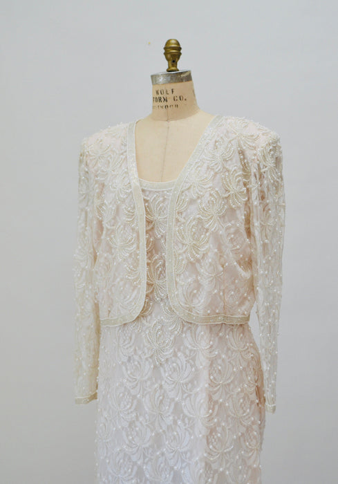 90s Vintage Cream White Lace Beaded Party Wedding Gown Beaded Pink White Lace Jacket Large// Vintage Beaded Pearl Lace Wedding Dress large