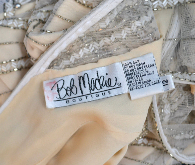 80s 90s Vintage Silver White Cream Beaded Gown Dress Medium Large By Bob Mackie Silk// Vintage Wedding Gown Beaded Fringe Art Deco Gown