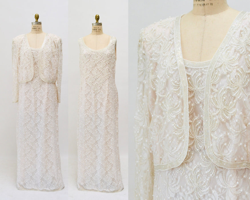 90s Vintage Cream White Lace Beaded Party Wedding Gown Beaded Pink White Lace Jacket Large// Vintage Beaded Pearl Lace Wedding Dress large