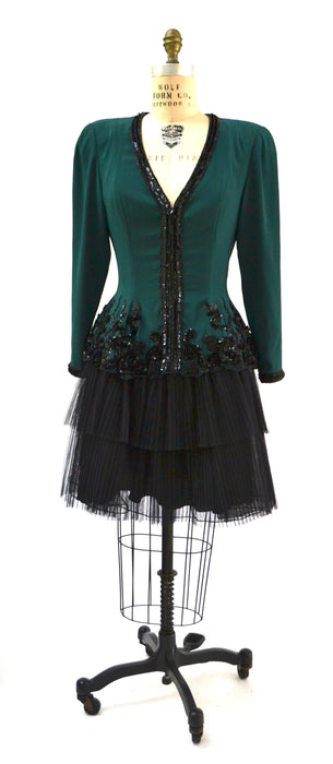 80s 90s Fabrice Vintage Green Black Beaded Party Dress Medium // Vintage 80s 90s Sequin Party Dress Crinoline Pleated Skirt Long Sleeves