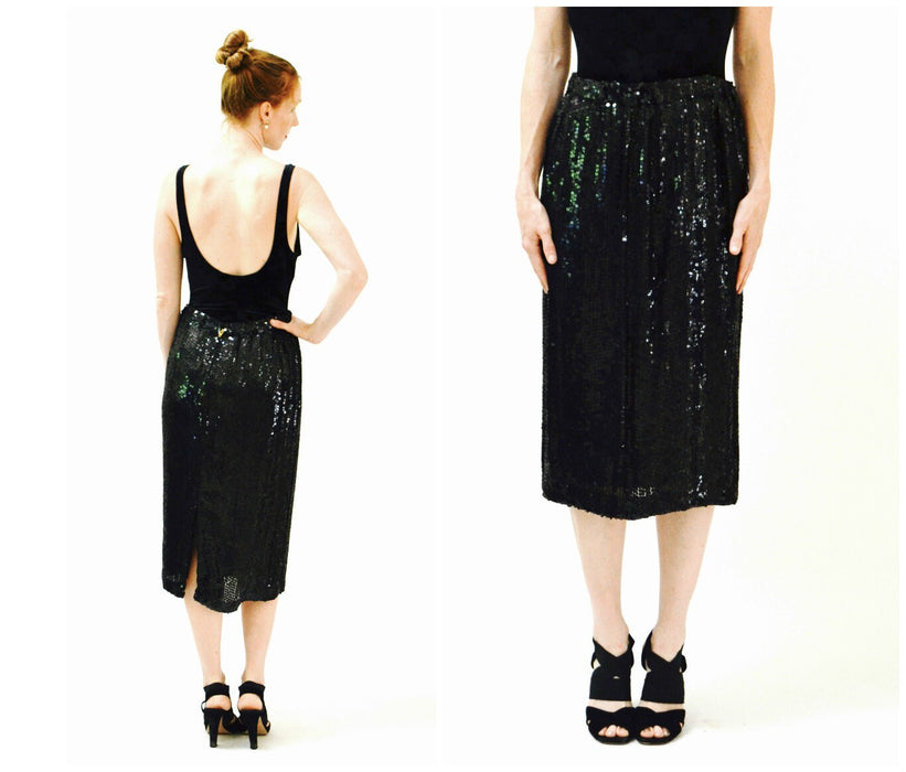 Vintage Black Sequin Skirt Size Medium Large 80s 90s Vintage Sequin Skirt