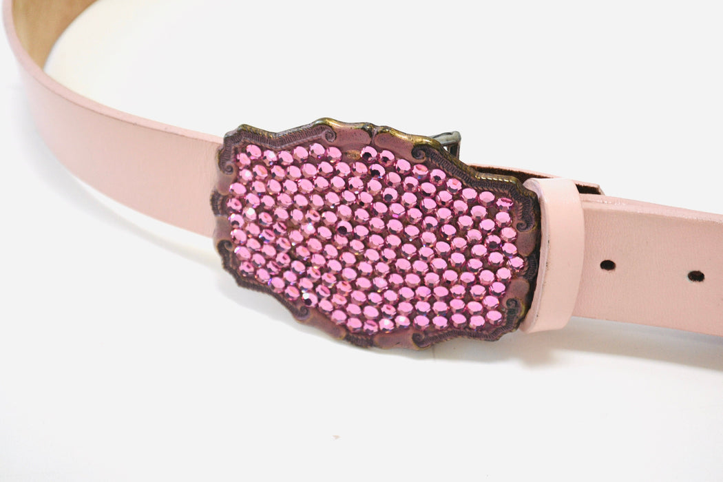 Y2K 2000s Pink Rhinestone Leather Belt Pink Crystal Belt Buckle Pink Leather Belt Size Small Medium Pink Rhinestone cowgirl Belt 33-37"