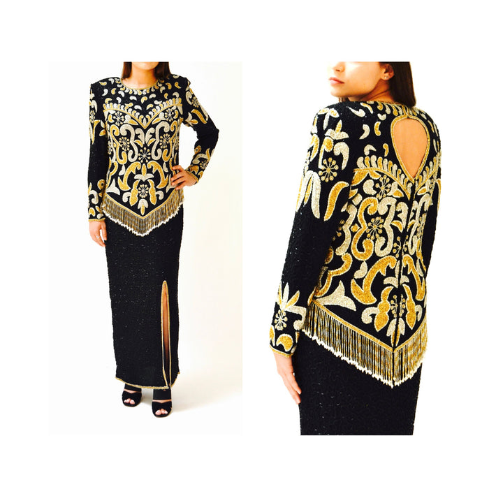 80s 90s Vintage Black Metallic Beaded Dress Evening Gown Large XL//  Black Gold Silver Beaded Long Sleeve Dress Pageant Gown Large XL