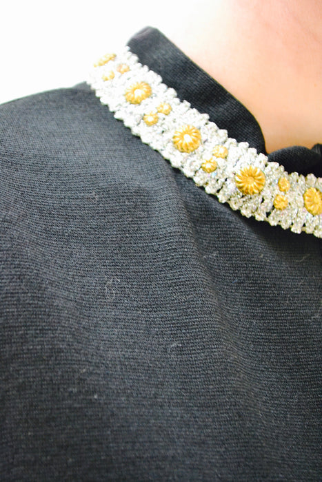 70s Vintage Black Jumpsuit Medium Large Metallic Gold Knit By Ricky Ann// 70s Vintage Jumpsuit Pantsuit Black Metallic Chain Trim