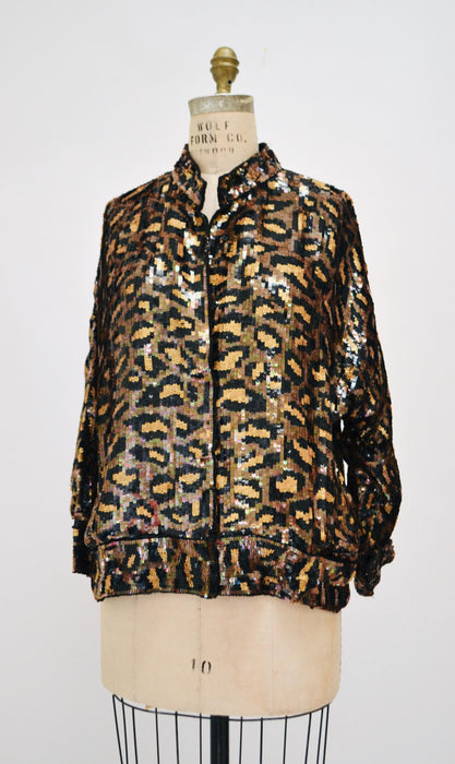 80s 90s Vintage Sequin Jacket Black Small Medium Large Leopard Cheetah Animal Pattern// Glam Vintage Black Sequin Jacket Animal Modi Medium
