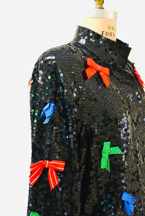 Vintage Black Sequin Jacket With Bows Ribbons 80s 90s Pop art Sequin Jacket Red Blue White Green Metallic Sequin Jacket Medium