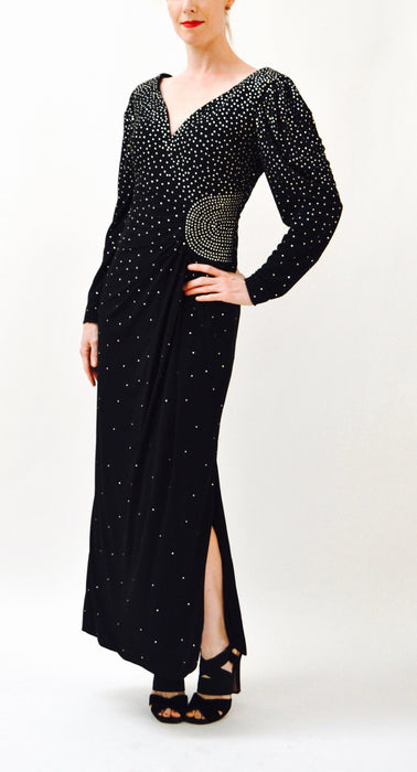 80s Vintage Black Evening Gown With Rhinestones Long Sleeves Medium Large by Rose Taft// Vintage Black Dress Metallic Pageant Dress Gown