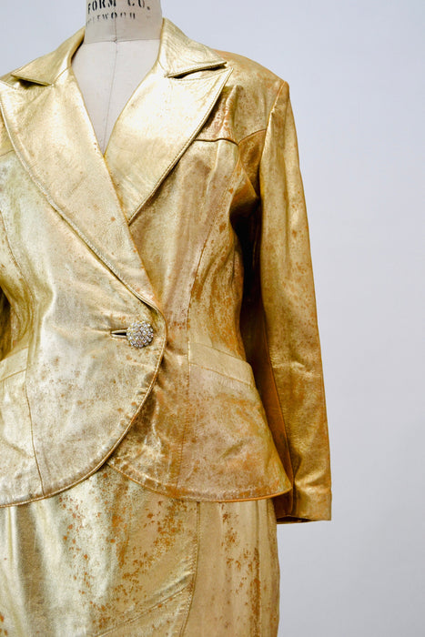 80s 90s Vintage Gold Metallic Rhinestone Leather Suit Jacket Skirt Set Lillie Rubin Medium Large 80s Glam Gold Studded Leather Jacket Skirt