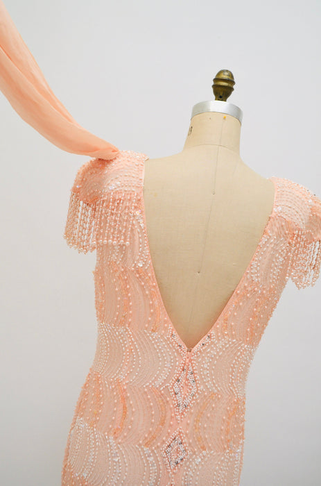 Vintage Peach Silk Beaded Sequin Evening Gown Dress Medium Large// 80s 90s Peach metallic Beaded Showgirl Fringe Dress Medium Large Sho Max