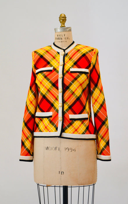 80s 90s Vintage St. John Collection Yellow Plaid Sweater Cardigan Jacket Yellow Black Red Gold Plaid Knit Jacket Small Cardigan St John