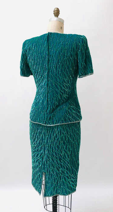 80s 90s Vintage Sequin Top Skirt Dress Set Medium 80s 90s Glam Skirt Top Dress  Blue Green Teal  90s Party Dynasty Flapper Costume