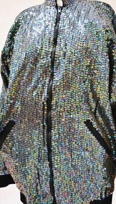 80s 90s Vintage Sequin Jacket with Rolls Royce Car Hologram Sequin Jacket small// Vintage Black Sequin Bomber Jacket Small Medium by Modi