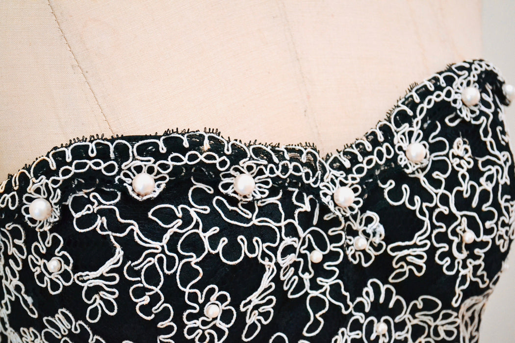 80s 90s Vintage Black Lace Strapless Party Dress Pearl Black Dress Glam Prom Pageant Bridesmaid Dress Medium Lace Pear Bubble Skirt Small