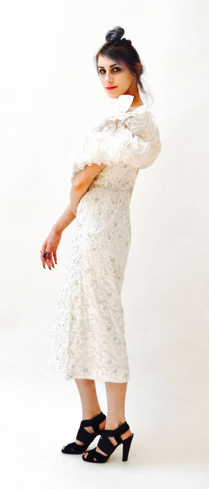 80s Vintage White Lace and Rhinestone Evening Gown Dress Small Medium By Rose Taft// 80s White Metallic Lace Wedding Party Dress Metallic