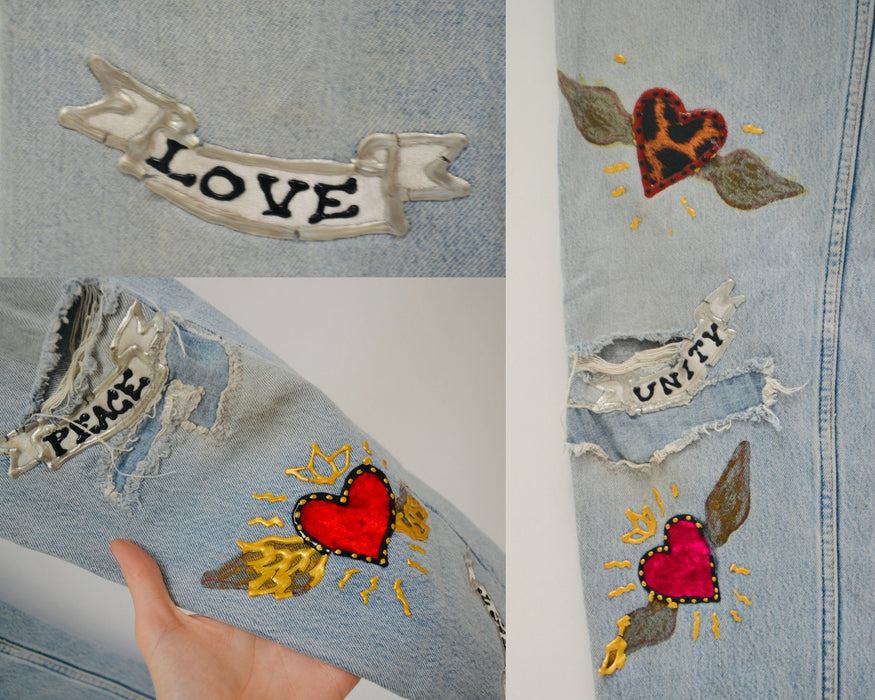 80s Vintage Leslie Hamel Jeans Pants Vintage Levis Hand painted Love Peace Denim Jeans Levis Pop Art Vintage Levis Medium Jeans Madonna