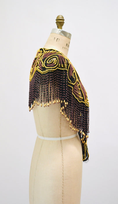 Vintage Gold Black Beaded Rhinestone Shawl Wrap Burlesque Wedding Flapper Gold Metallic Beaded Vintage Fringe Collar Shawl GOld Flapper