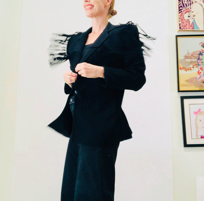 80s 90s Vintage Black Fringe Wool Jacket Blazer Medium// 80s Black Fringe Western Rockstar Black Blazer Jacket Cowgirl Criscione