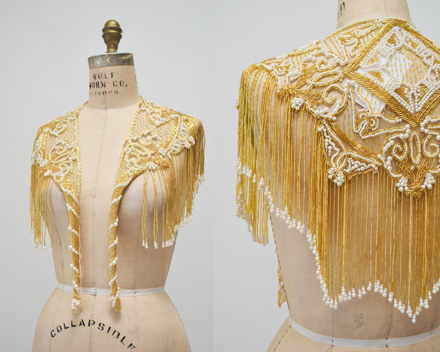 Vintage Gold Beaded Pearl Shawl Wrap Burlesque Wedding Flapper Gold Metallic Beaded Vintage Fringe Collar Shawl GOld White Pearl Sharmark