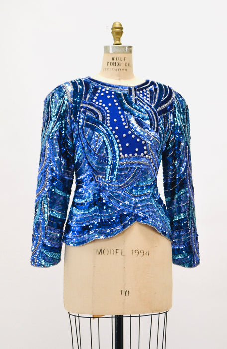 Vintage 80s 90s Blue Metallic Sequin Shirt Small Medium Blue silver Metallic// Vintage 80s Glam Sequin Shirt Long Sleeve blue Sequin Top