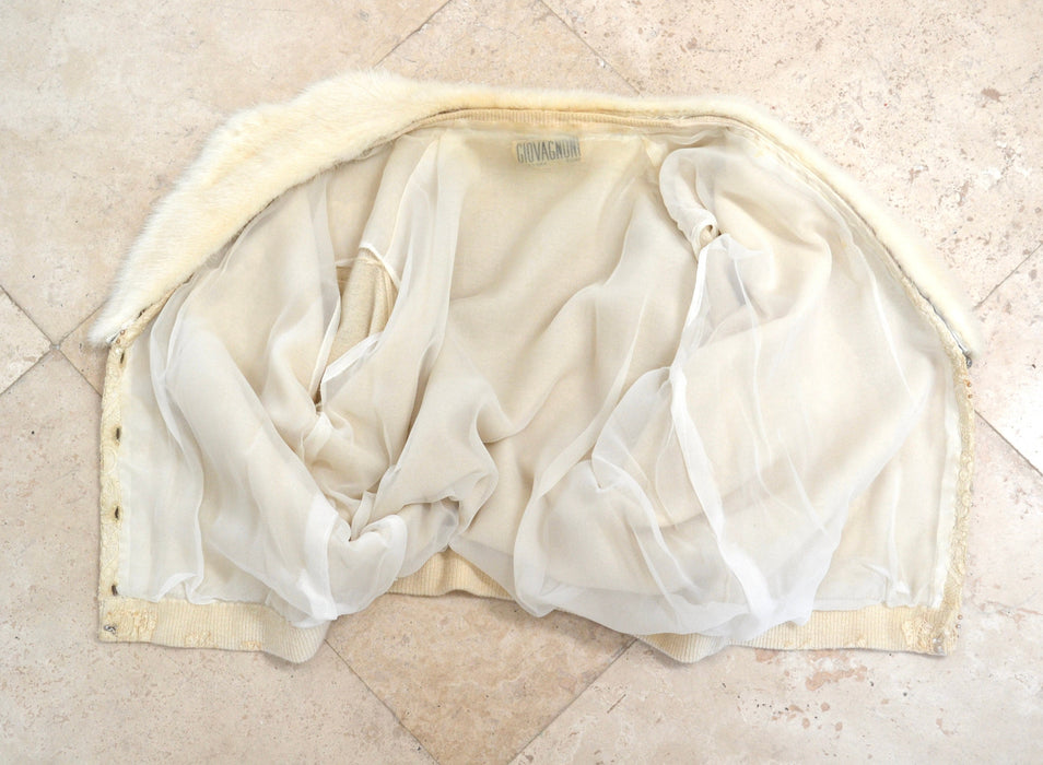 50s Vintage Cream Mink Fur Collar Beaded Cardigan Sweater Rhinestone Buttons Small Medium Vintage Wedding Fur Collared Cashmere Cardigan