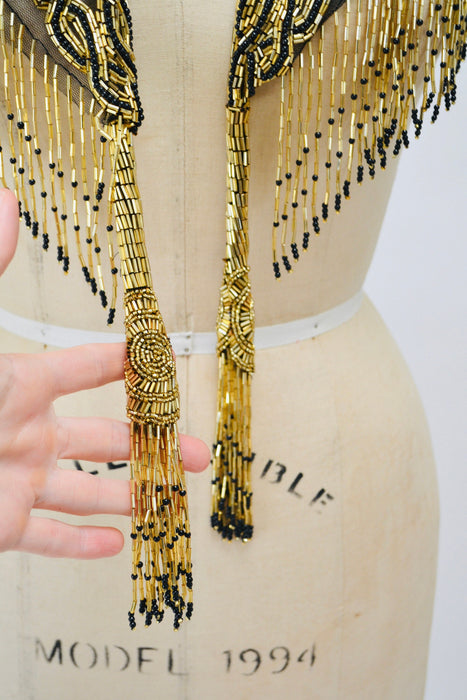 Vintage Gold Beaded Fringe Shawl Wrap Burlesque Wedding Flapper Gold Metallic Beaded Vintage Fringe Collar Shawl Gold Black Wrap Sharmark