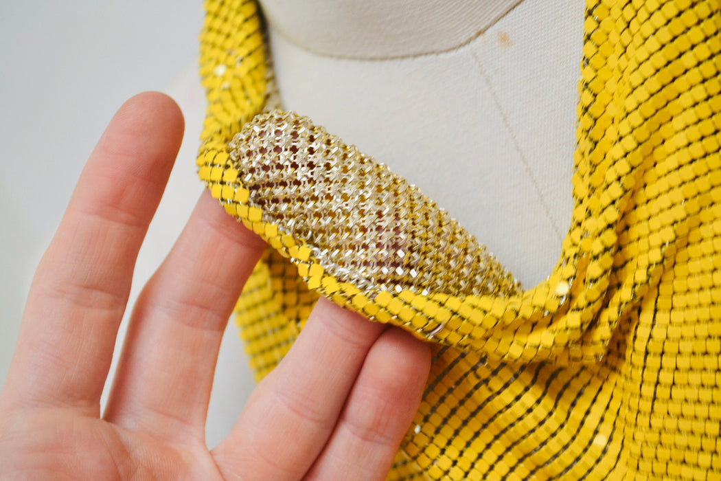 70s 80s Yellow Metal Chainmail Collar Necklace Bib Vintage Chainmail Necklace 70s yellow Chainmail bib NECKLACE Wedding Disco Necklace