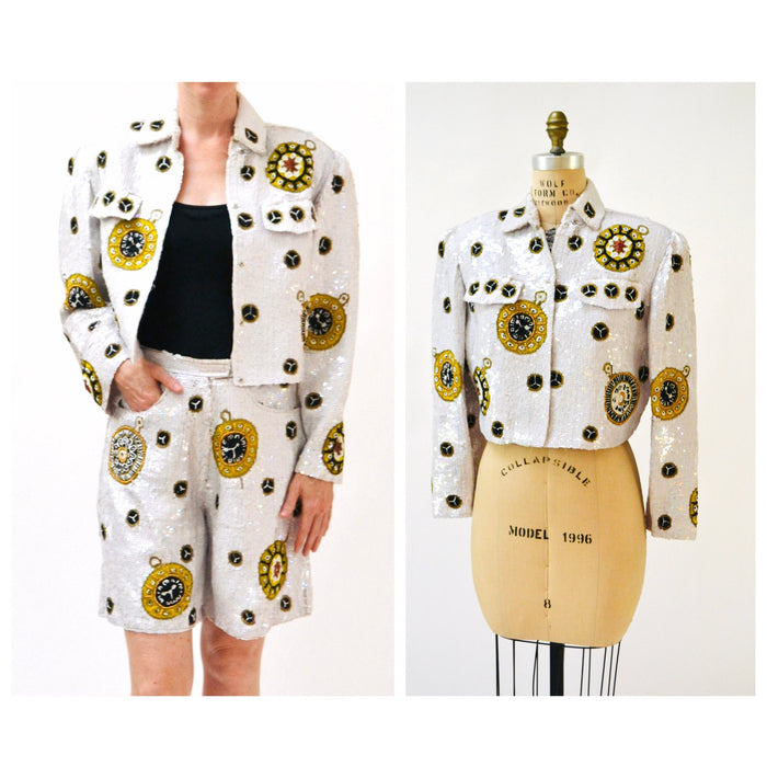 80s 90s Vintage White Sequin Jacket// Vintage White Sequin Boat Party Jacket Stars Nautical Talk of the Walk Casino French Collizioni Modi