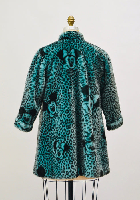 80s 90s Vintage Disney Mickey Mouse Faux Fur Jacket Coat Disney Tokyo Japan Blue Green Print Faux Fur Coat Apparence Paris XS SMall