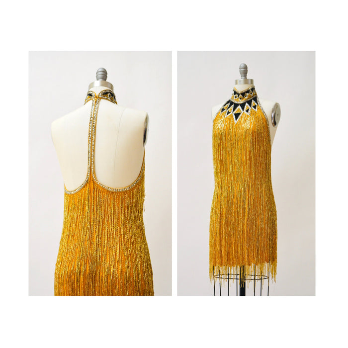 80s Vintage Bob Mackie Gold Beaded Fringe Dress Vintage Gold Metallic Dress Small Medium// Beaded Fringe Dress Flapper Inspired Cher Dress